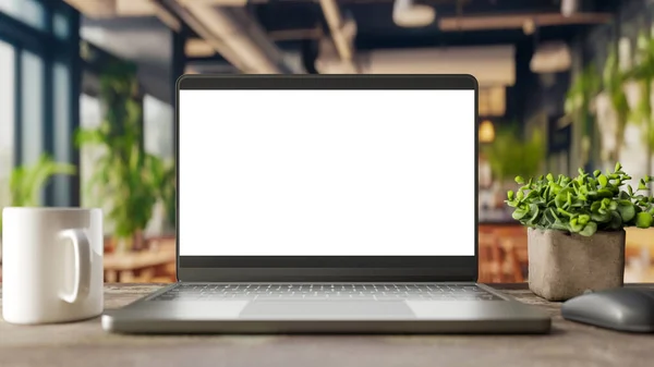 Laptop Képernyő Mockup Kávézó Háttér Renderelés — Stock Fotó