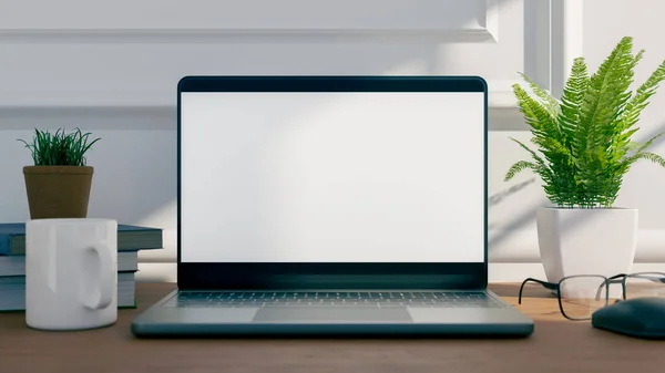 Mockup Laptop Képernyő Egy Asztal Előtt Egy Fehér Fal Renderelés — Stock Fotó
