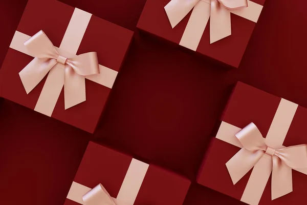 Geschenkschachteln Mit Rosa Bändern Auf Roten Schachteln Darstellung — Stockfoto