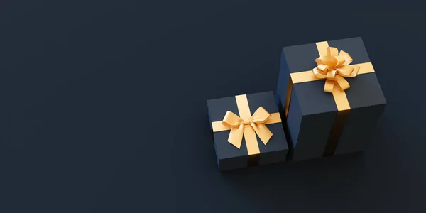 Пара Подарункових Коробок Золотою Стрічкою Чорній Коробці Візуалізація — стокове фото