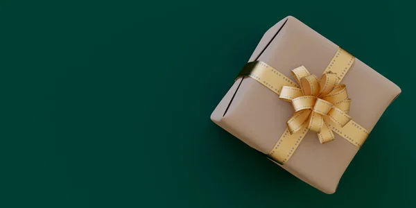 Κουτί Δώρου Χρυσή Κορδέλα Πράσινο Φόντο Απόδοση — Φωτογραφία Αρχείου