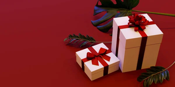 Weißer Geschenkkarton Hintergrund Mit Einer Roten Schleife Gebunden Darstellung — Stockfoto