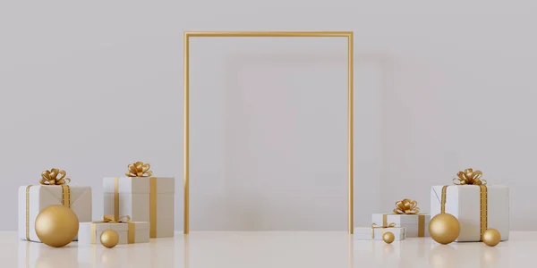 Caixa Presente Pódio Fundo Com Fita Dourada Cor Branca Com — Fotografia de Stock