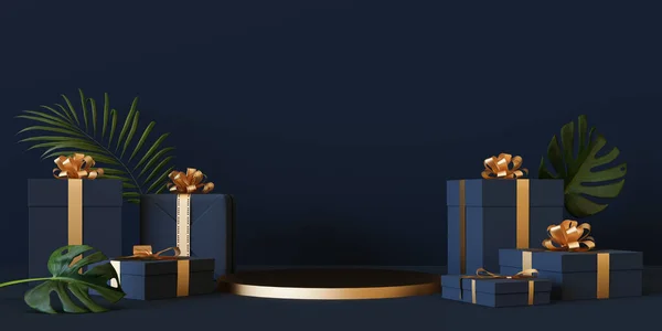 Geschenk Box Podium Hintergrund Mit Dunkelblauer Farbe Und Goldenem Band — Stockfoto