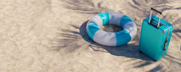 Sommer Strandurlaub Konzept Hintergrund Mit Koffern Und Badeschläuchen Sand Darstellung — Stockfoto