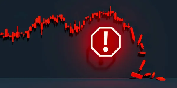 株式市場の赤い旗とクラッシュチャート 3Dレンダリングの背後にある概念 — ストック写真