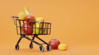 Market alışverişi konsepti. Alışveriş arabasında meyve arkaplan resmi. 3d oluşturma