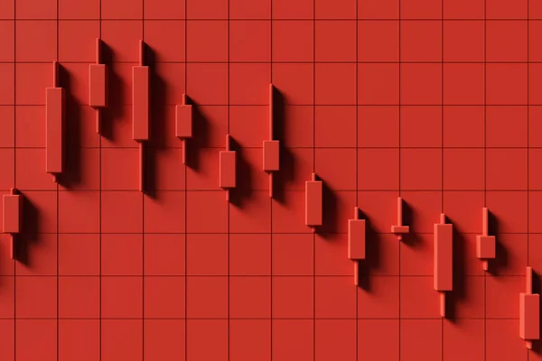 股票烛台背景图片与固体红色代表下跌的股票价格 3D渲染 — 图库照片