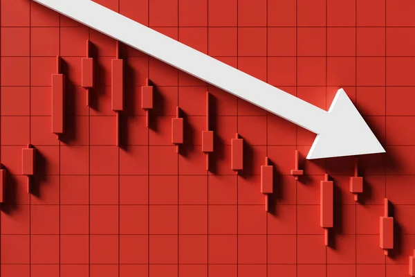 红色烛台背景图片与下降的指向箭头指示下跌的股票价格 3D渲染 — 图库照片