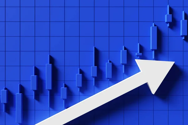 株価が上昇していることを示す上向きの矢印と青の燭台の背景画像 3Dレンダリング — ストック写真