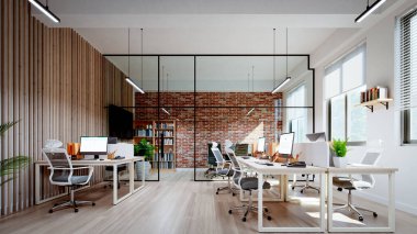 Beyaz ve kırmızı tuğlalı duvarları olan küçük bir ofis.