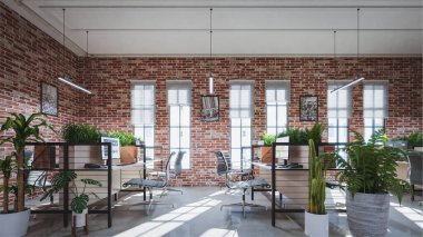 Çağdaş ofis içinde beton zemin ve tuğla duvarlar var. 3d oluşturma