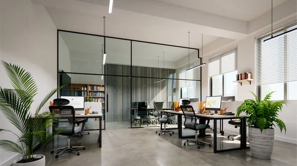 Moderno Pequeño Interior Oficina Con Paredes Blancas Pisos Hormigón Renderizado — Foto de Stock
