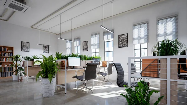 Interior Moderno Oficina Con Pisos Hormigón Visto Paredes Blancas Representación —  Fotos de Stock