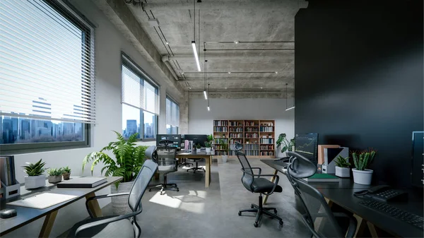 Interior Modern Office Exposed Concrete Ceiling Floor Rendering — Stock Photo, Image