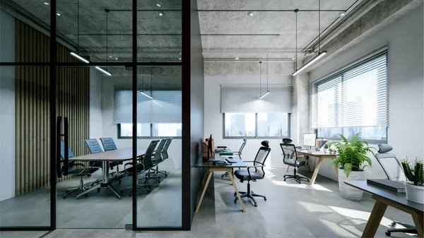 Interior Escritório Moderno Com Teto Concreto Exposto Piso Renderização — Fotografia de Stock