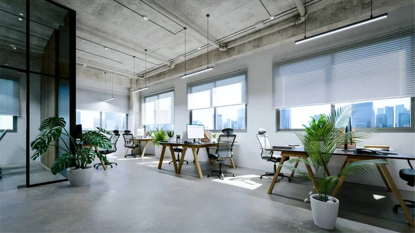 现代办公室内 有外露的混凝土天花板和地板 3D渲染 — 图库照片