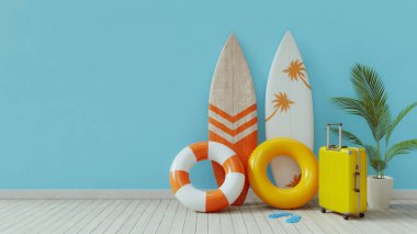 Yaz tatili için evden ayrılmadan önce bavulları paketlemenin arkaplan görüntüsü, 3D