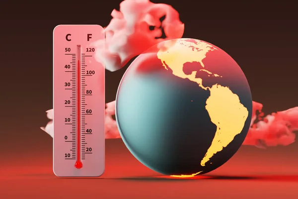 極端な高温と高温を示す温度計 3Dレンダリングを経験する地球 — ストック写真