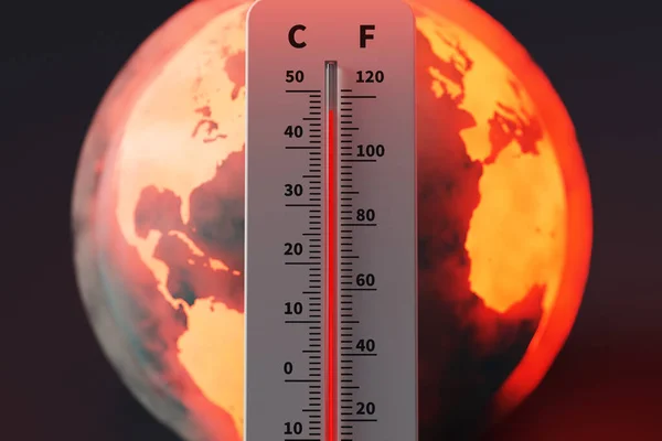 Terra Che Sperimenta Temperature Estreme Termometro Che Mostra Temperature Elevate — Foto Stock