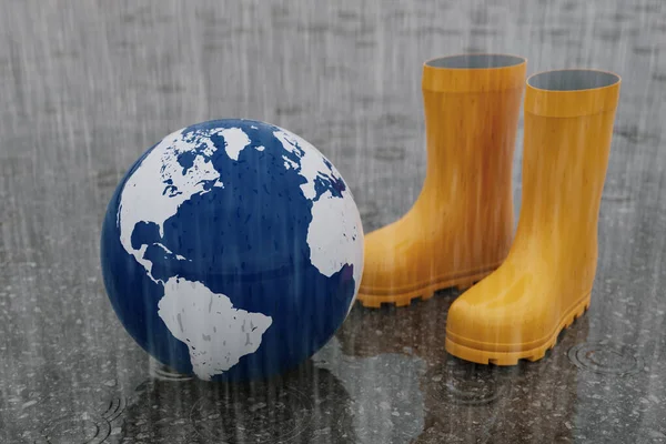 Earth Soaking Rain Next Yellow Boots Due Global Heavy Rain — Stock Photo, Image