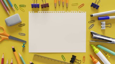 Yırtık bir defter sayfası ve çeşitli kırtasiye arkaplanı, 3d oluşturma