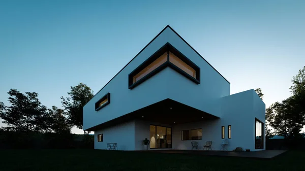 Vista Prospectiva Arquitetura Moderna Casa Dois Andares Pôr Sol Com — Fotografia de Stock