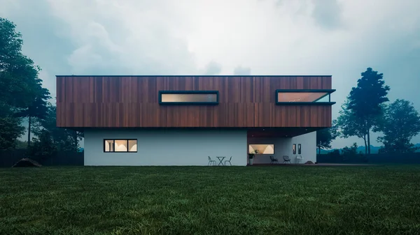 Vista Perspectiva Uma Arquitetura Moderna Casa Dois Andares Dia Nublado — Fotografia de Stock