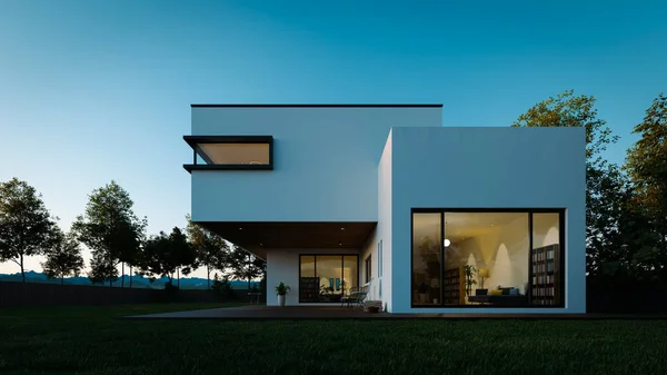 白い外壁と日没の近代的な2階建ての家のアーキテクチャのパースペクティブビュー 3Dレンダリング — ストック写真