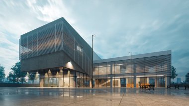 Yağmurdan sonra bulutlu bir günde modern iki katlı bir binanın gece görüşü...