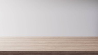 Beyaz arkaplan duvarının önündeki ahşap masa sade podyum, 3D görüntüleme