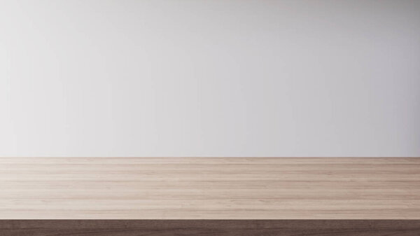Wood table simple podium in front of white background wall, 3d rendering