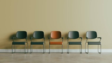 İş görüşmesi için bekleme odasında sandalyeleri olan konsept arkaplan, 3D görüntüleme