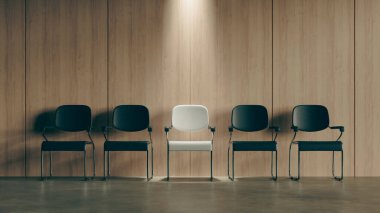 İş görüşmesi için bekleme odasında sandalyeleri olan konsept arkaplan, 3D görüntüleme