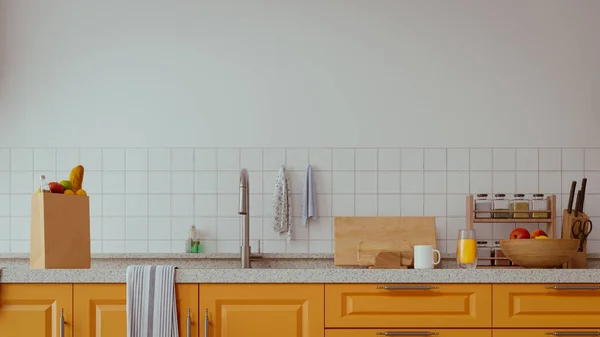 Сучасний Інтер Кухні Яскравими Кольоровими Меблями Білою Стіною Візуалізація — стокове фото