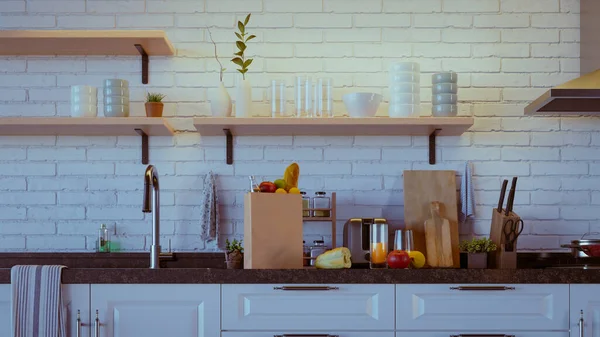 Modern Kitchen Interior White Brick Wall Rendering — Stock Photo, Image