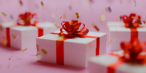 Boîte Cadeau Blanche Attachée Avec Ruban Rouge Confettis Volants Rendu — Photo