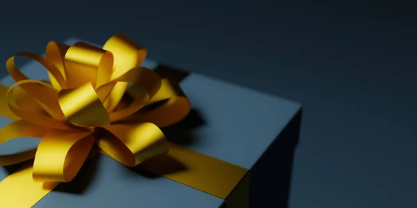 Σκούρο Μπλε Κουτί Δώρου Δεμένο Χρυσή Κορδέλα Απόδοση — Φωτογραφία Αρχείου