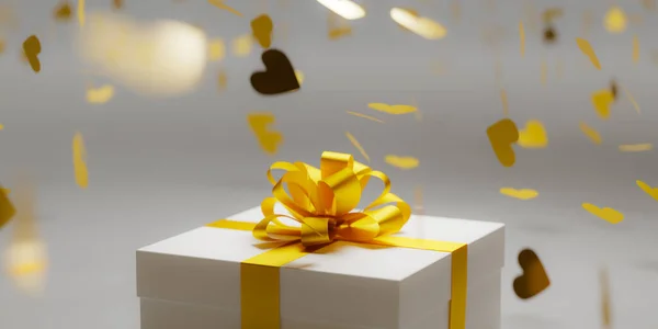 Weiße Geschenkschachtel Mit Goldenem Band Und Fliegendem Konfetti Darstellung — Stockfoto