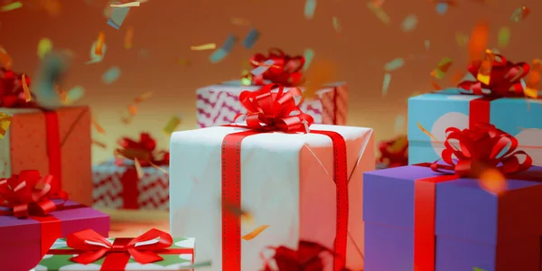 Boîtes Cadeaux Multicolores Fond Confettis Volants Rendu — Photo