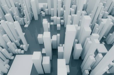 Geleceğin teknolojisini anımsatan geometrik şekillere sahip geleceksel yapı arkaplanı, 3D görüntüleme