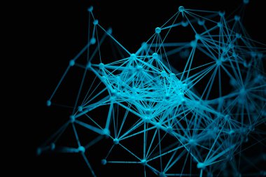 Bilim ve teknoloji kavramı arkaplanı atomik fraktal yapı, 3D görüntüleme gibi çizgilerle birbirine bağlanır.