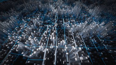 Big city landscape with tall buildings dark tone concept, 3d rendering