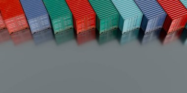 Arkaplan resmi, çeşitli renklerde kargo konteynerleri ihraç ve içeri aktarma sıraları ile birlikte, 3D görüntüleme