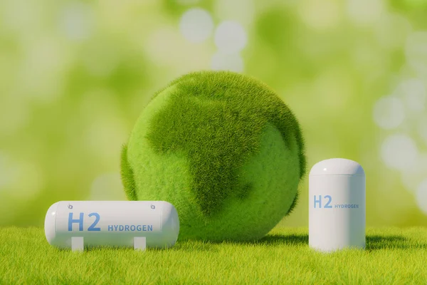 Green Energy Concept Background Hydrogen Energy Tank Grass Covered Globe — Stock Photo, Image
