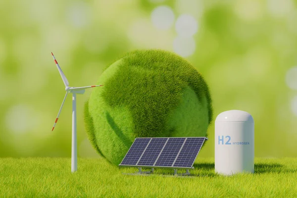 Green Energy Concept Background Hydrogen Energy Tank Wind Power Solar — Stock Photo, Image