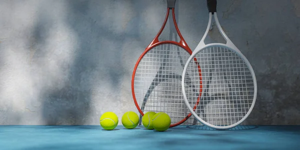 Twee Tennisrackets Ballen Rechtop Tijdens Een Pauze Een Tenniswedstrijd Rendering — Stockfoto