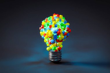 İş başarısı için yaratıcı bir fikri olan parlak ampul arkaplanı, 3D görüntüleme