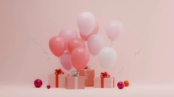 粉色礼品盒上挂着粉色气球 3D渲染 — 图库照片