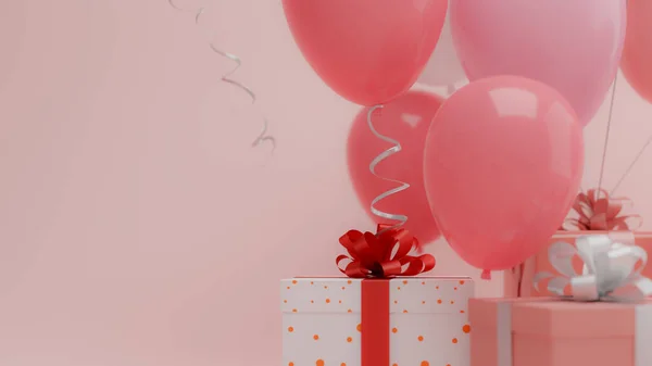 粉色礼品盒上挂着粉色气球 3D渲染 — 图库照片